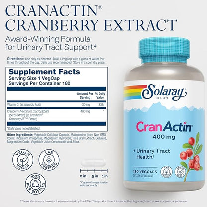SOLARAY CranActin Cranberry Extract 400 mg - Cranberry Supplements for Women and Men - Bladder and Urinary Tract Health Support with Vitamin C - Vegan, 60-Day Guarantee, 180 Servings, 180 VegCaps