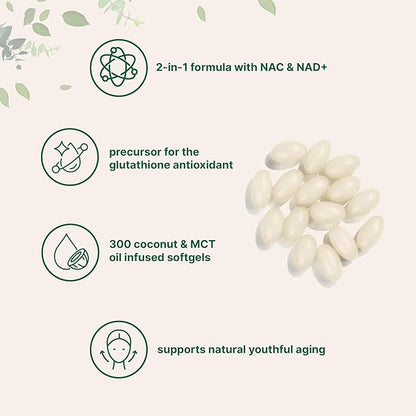 NAC 600mg with NAD+, 300 Coconut MCT Oil Softgels | N Acetyl L Cysteine & Nicotinamide Forms for Better Absorption | Antioxidant Supplement | Promotes Energy & Youthful Aging | Non-GMO