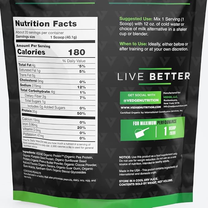 vedge Certified Organic Plant Protein Chocolate (20 Servings)