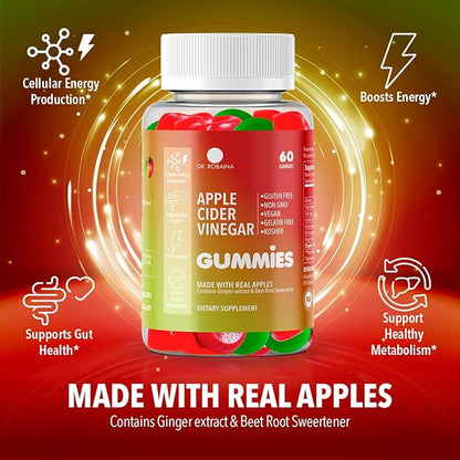 Dr. Robaina Apple Cider Vinegar Gummies – Supports Metabolism & Digestive Health – Vegan, Non-GMO, Gluten-Free – Made in USA
