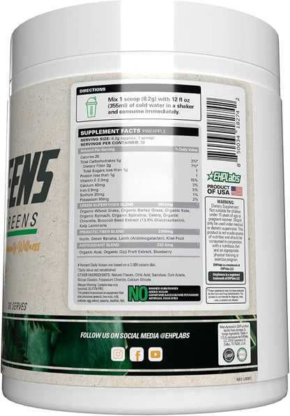 EHP Labs OxyGreens Super Greens Powder - Spirulina & Chlorella Superfood, Green Juice Powder & Greens Supplements with Prebiotic Fibre, Antioxidants & Immunity Support, 30 Serves (Pineapple)