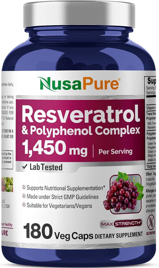 NusaPure Resveratrol & Polyphenol Complex 1450mg 180 Vegetarian Caps (Non-GMO, Vegan) Vitamin C
