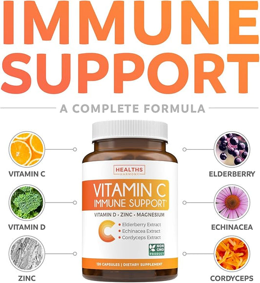 Immune Support Supplement (Non-GMO) Elderberry Vitamin 500mg Immune 120 Vegetarian