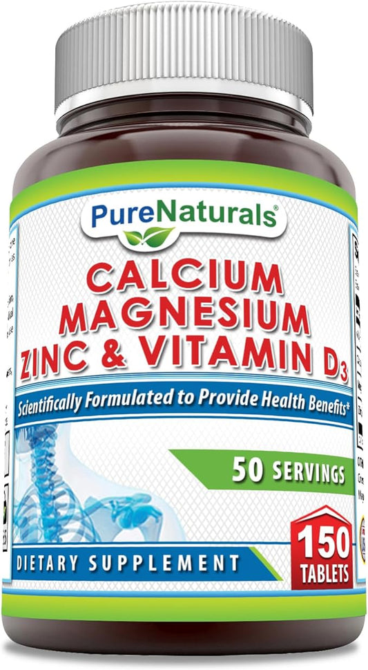 Pure Naturals Calcium Magnesium Zinc Vitamin D3 Supplement 1000mg, Magnesium 400mg, Zinc 25mg, Vitamin D3 600 600 IU (150 Tablets)