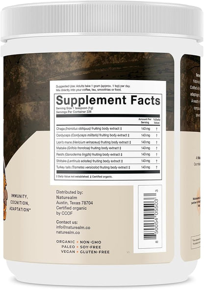 Naturealm Sacred 7 Mushroom Powder Supplement – Boost Immunity, Focus, Vegan, Non-GMO – Lion’s Mane, Cordyceps, Reishi, Chaga, Maitake, Shiitake – Organic Fruiting Bodies, 7-Month Supply
