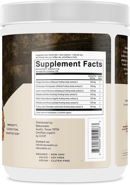 Naturealm Sacred 7 Mushroom Powder Supplement – Boost Immunity, Focus, Vegan, Non-GMO – Lion’s Mane, Cordyceps, Reishi, Chaga, Maitake, Shiitake – Organic Fruiting Bodies, 7-Month Supply