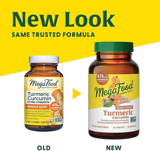 MegaFood Turmeric Curcumin Extra Strength - Whole Body - Turmeric Curcumin with Black Pepper - 475mg Curcuminoids - Holy Basil, Tart Cherry - Made Without 9 Food Allergens - 120 Tabs (60 Servings)