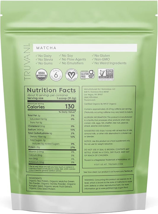 Truvani Vegan Pea Protein Powder 20g Organic 10 Servings