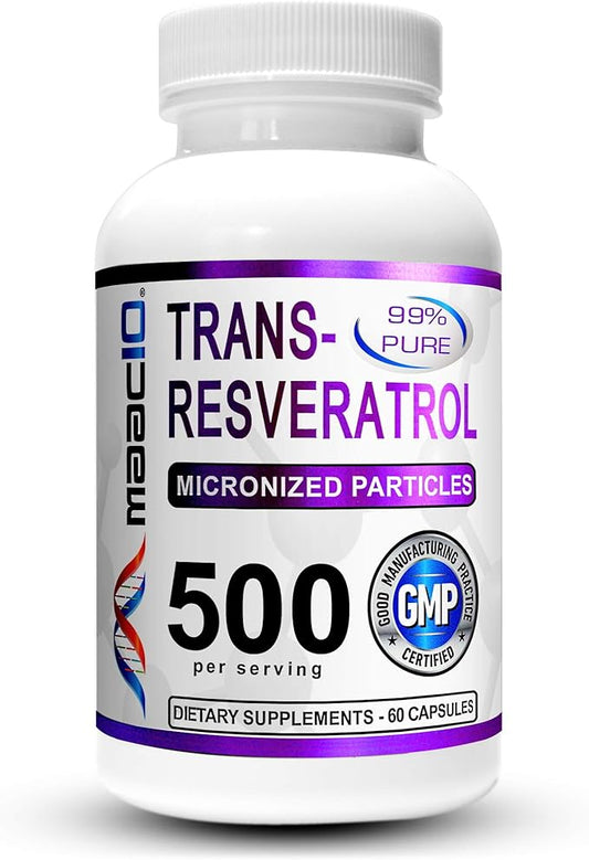 MAAC10 Trans Resveratrol 500mg Supplement (Micronized 99% Pure (2X 250mg 250mg Capsules 60ct)