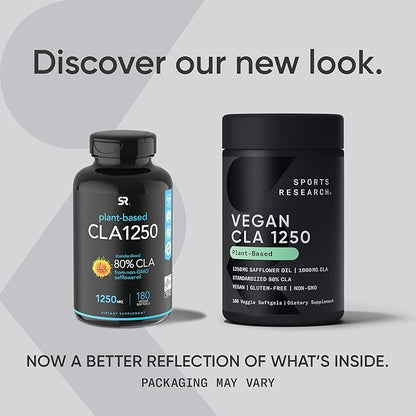 Sports Research Vegan CLA - 1250mg with Active Conjugated Linoleic Acid for Men & Women | Non-GMO, Soy & Gluten Free - 80% (180 Softgels)