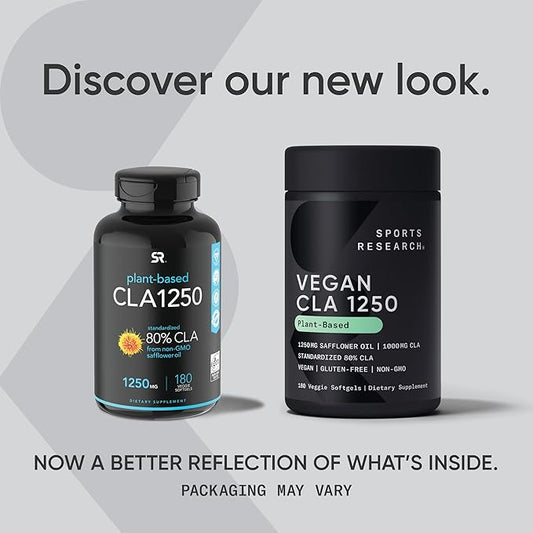 Sports Research Vegan CLA - 1250mg with Active Conjugated Linoleic Acid for Men & Women | Non-GMO, Soy & Gluten Free - 80% (180 Softgels)