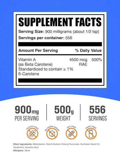 BulkSupplements.com Beta Carotene Powder - Vitamin A Supplements, Beta Carotene Supplements - for Immune & Eye Support, Gluten Free, 900mg per Serving, 500g (1.1 lbs) (Pack of 1)