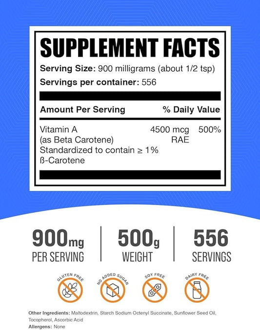BulkSupplements.com Beta Carotene Powder - Vitamin A Supplements, Beta Carotene Supplements - for Immune & Eye Support, Gluten Free, 900mg per Serving, 500g (1.1 lbs) (Pack of 1)
