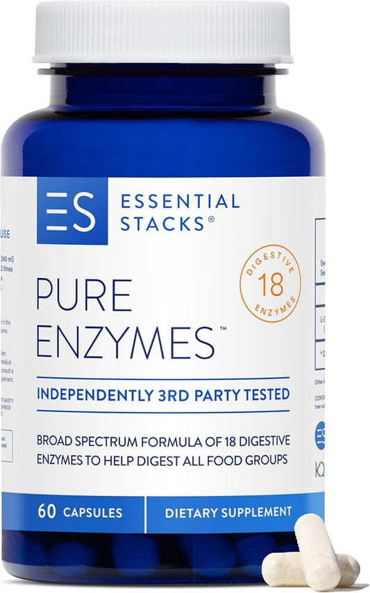 Essential Stacks Pure Digestive Enzymes (Gluten, 18 Enzymes (60 Capsules)