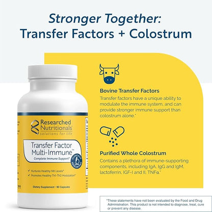 Researched Nutritionals Transfer Factor Multi-Immune - Complete Immune Support with Zinc, Beta Glucan, Mushrooms Supplement & Colostrum Capsules - Backed by Peer Reviewed Clinical Research (90 Count)