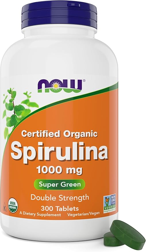 NOW Foods Organic Spirulina 1000mg Tablets 300 Count 1000 mg B-12 and