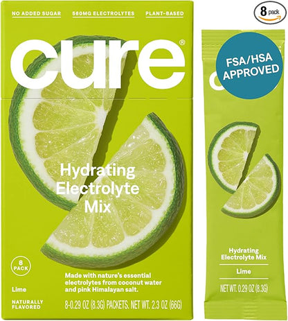 Cure Hydrating Plant Based Electrolyte Mix | Powder for Dehydration Relief | Made with Coconut Water | Non-GMO | No Added Sugar | FSA & HSA | Vegan | Paleo Friendly | Box of 8 Packets - Lime