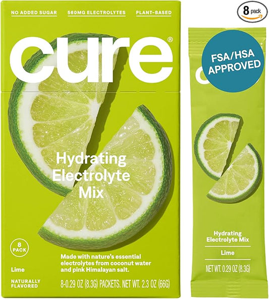 Cure Hydrating Plant Based Electrolyte Mix | Powder for Dehydration Relief | Made with Coconut Water | Non-GMO | No Added Sugar | FSA & HSA | Vegan | Paleo Friendly | Box of 8 Packets - Lime