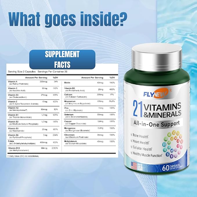 21 Vitamins &Minerals, All-in-One Support, Multivitamin K2, Vitamin D3, Vitamin B12, B6, B6, Folate, 60 Capsules