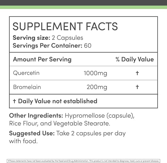 Quercetin with Bromelain - 120 Count (1,200mg Servings) Immune Health Capsules - Supports Healthy Immune Functions in Men and Women (Vegan Safe, Third Party Tested, Gluten Free) by Double Wood