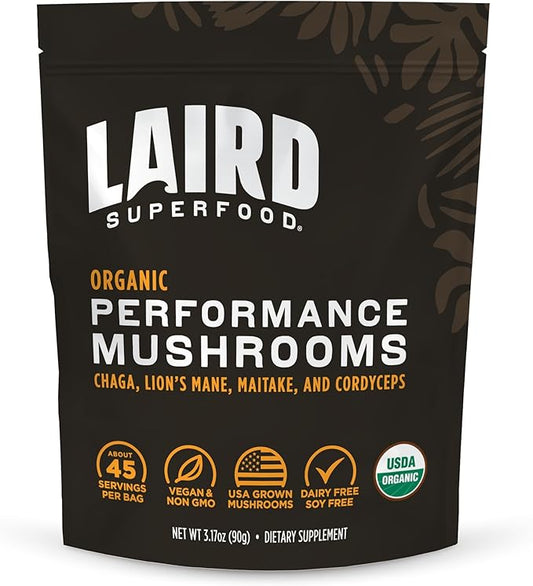 Laird Superfood Organic Performance Mushroom Blend with Chaga, Cordyceps, Lion's Mane and Maitake for Energy and Cognition, 3.17 oz. Bag, Pack of 1
