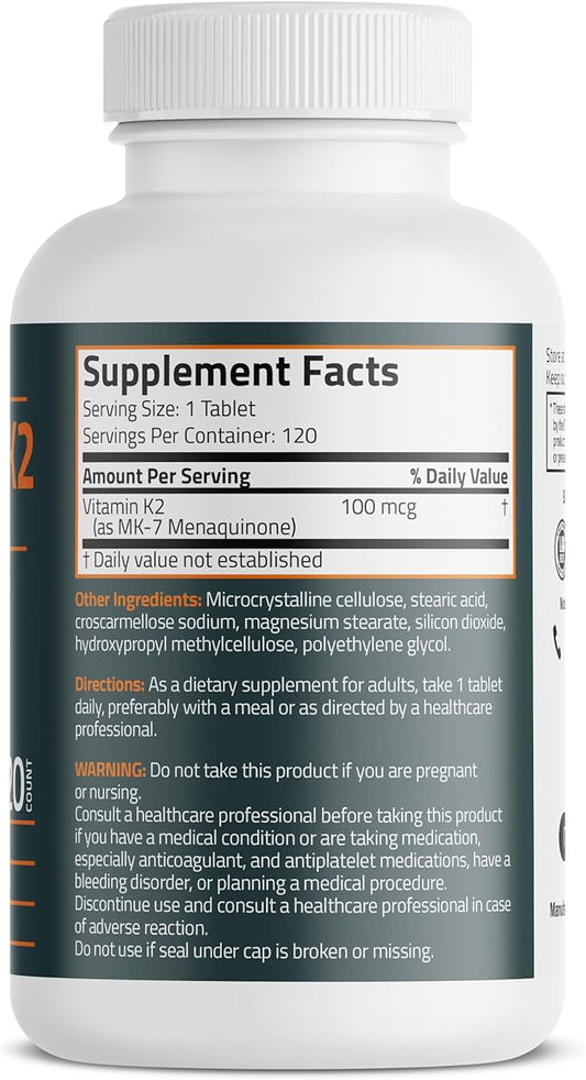 Bronson Vitamin K2 MK-7 100 MCG, K2 as MK7 Menaquinone, 120 Tablets