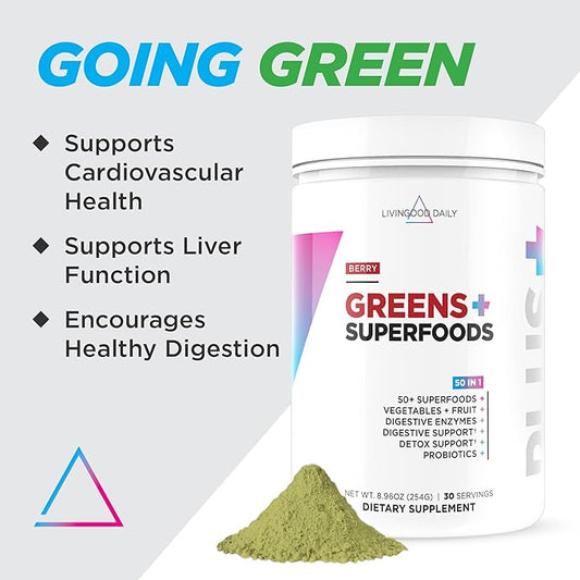 Livingood Daily Greens Superfood Powder (Berry) - Super Greens Powder for Gut Health - Green Juice Powder Supplement with Spirulina, Chlorella, Enzymes, & Probiotics for Liver & Digestive Support