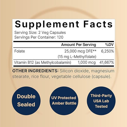 NatureBell L Methylfolate 15mg, 240 Veggie Capsules 5-MTHF with B12 1,000mcg 1,000mcg |
