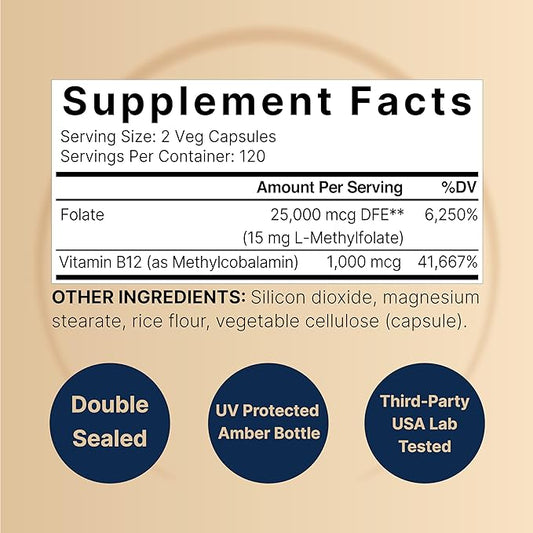 NatureBell L Methylfolate 15mg, 240 Veggie Capsules 5-MTHF with B12 1,000mcg 1,000mcg |