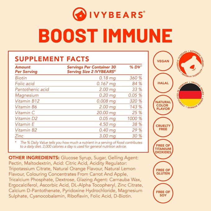 Boost Immune Gummies | Daily Immune Support | Vitamins B6, E, D2, B2, B12, C & Biotin | EU Certified Health Supplement - 60 Count