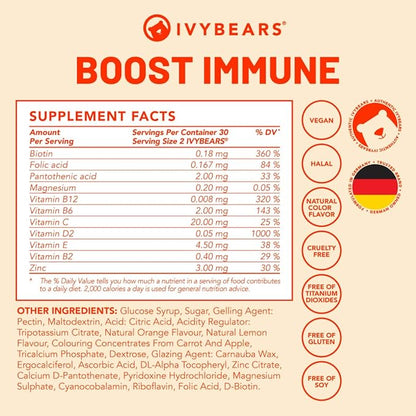Boost Immune Gummies | Daily Immune Support | Vitamins B6, E, D2, B2, B12, C & Biotin | EU Certified Health Supplement - 60 Count