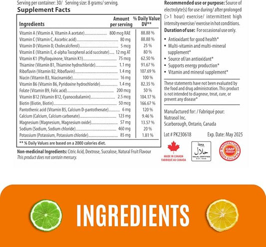 Advance Electrolytes w/Key Nutrients, Minerals & Vitamins | Antioxidant | Pre&Post Workout Hydration Solution | Boost Energy | Helps Body Hydrate During Physical Activities | Made in Canada
