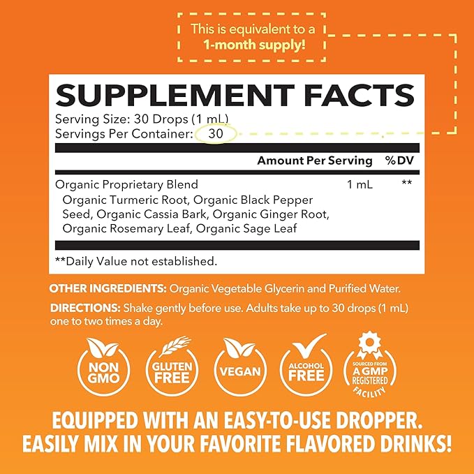 Organic Liquid Turmeric Supplement with Black Pepper - Liquid Turmeric 1000mg Enhanced Absorption for Digestive & Joint Support - Non-GMO, Vegan Organic Turmeric Curcumin With Black Pepper, Unflavored