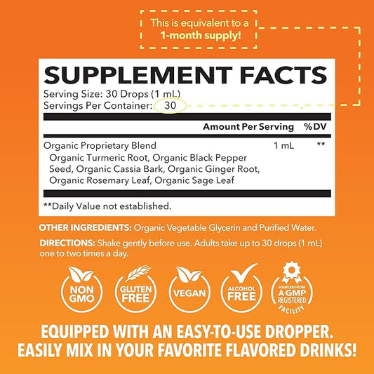 Organic Liquid Turmeric Supplement with Black Pepper - Liquid Turmeric 1000mg Enhanced Absorption for Digestive & Joint Support - Non-GMO, Vegan Organic Turmeric Curcumin With Black Pepper, Unflavored