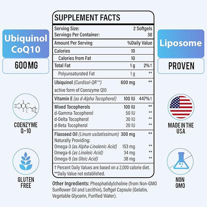 Liposomal CoQ10 600 mg Softgel Ubiquinol, Q10 Ubiquinol 3 6 6 9 9 & Q10 Supplement Powerful-Antioxidant,120 Softgels