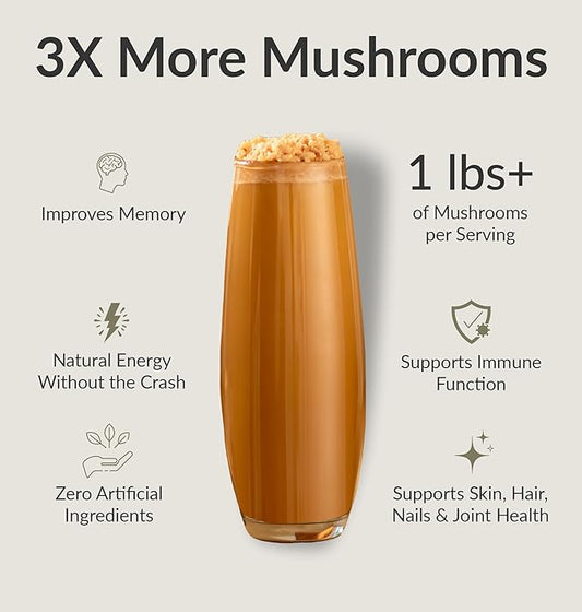 BiOptimizers Mushroom Coffee Alternative – Salted Caramel Drink – Lion’s Mane, Chaga, Reishi + Collagen Peptides for Focus, Energy & Gut Health – Adaptogenic Mushrooms & MCT Powder – 30 Servings