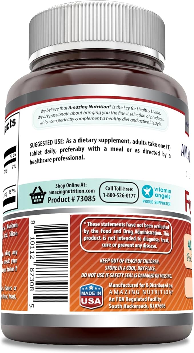 Amazing Formulas Folic Acid (Vitamin B9) 400 mcg Tablets | Non-GMO | Gluten Free | Made in USA (400 mcg, 250, Count)