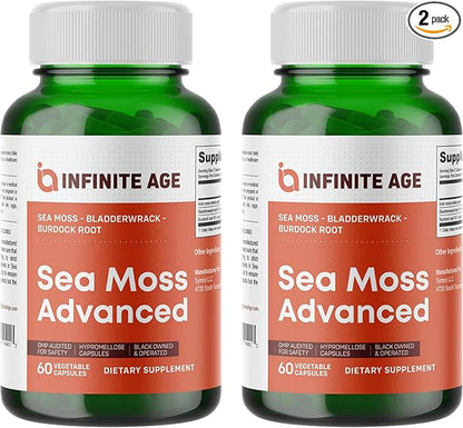 INFINITE AGE: 2 Pack, 1250mg Sea Moss Advanced Superfood, High-Potency, Vegan, Made in The USA - Irish Sea Moss, Bladderwrack, Burdock Root - Overall Health, Immunity Support, 120 Sea Moss Capsules