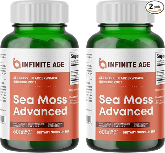 INFINITE AGE: 2 Pack, 1250mg Sea Moss Advanced Superfood, High-Potency, Vegan, Made in The USA - Irish Sea Moss, Bladderwrack, Burdock Root - Overall Health, Immunity Support, 120 Sea Moss Capsules