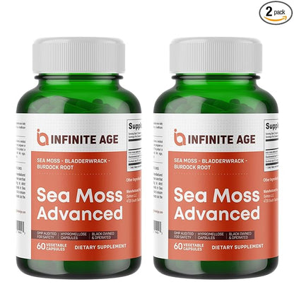 INFINITE AGE: 2 Pack, 1250mg Sea Moss Advanced Superfood, High-Potency, Vegan, Made in The USA - Irish Sea Moss, Bladderwrack, Burdock Root - Overall Health, Immunity Support, 120 Sea Moss Capsules