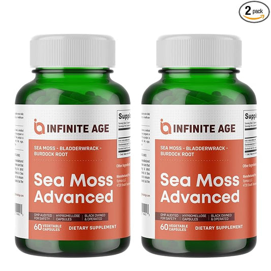 INFINITE AGE: 2 Pack, 1250mg Sea Moss Advanced Superfood, High-Potency, Vegan, Made in The USA - Irish Sea Moss, Bladderwrack, Burdock Root - Overall Health, Immunity Support, 120 Sea Moss Capsules
