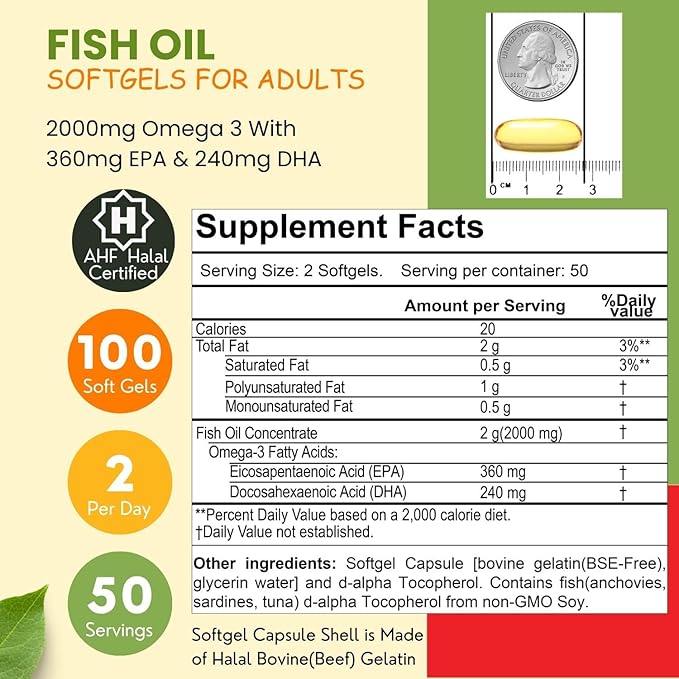 Halal Fish Oil Softgels 100 Ct, 3 Fish