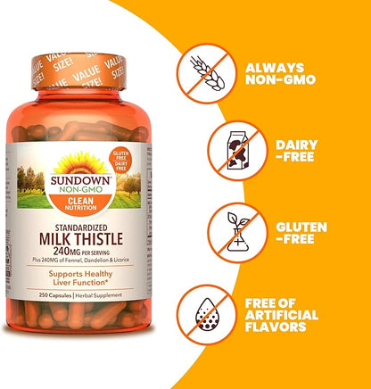 Sundown Standardized Milk Thistle 240 mg, 250 Capsules