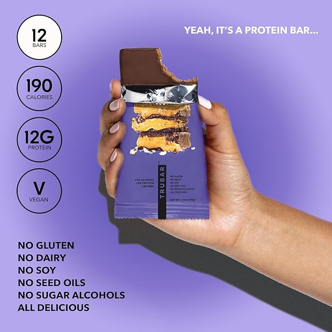 TRUBAR Vegan Protein Bar, Smother Fudger Peanut Butter, Gluten Free, Plant Based, High Fiber, Dairy Free, Low Fat, Non GMO, No Sugar Alcohols, 12G Lean Protein, 13G Fiber, Healthy Snack Bars, 12 CT