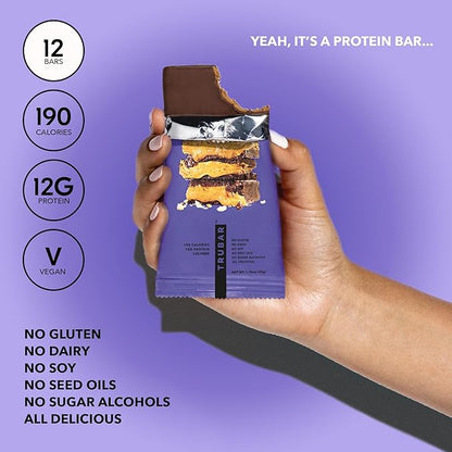 TRUBAR Vegan Protein Bar, Smother Fudger Peanut Butter, Gluten Free, Plant Based, High Fiber, Dairy Free, Low Fat, Non GMO, No Sugar Alcohols, 12G Lean Protein, 13G Fiber, Healthy Snack Bars, 12 CT