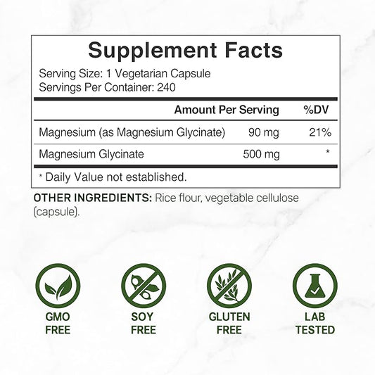 DEAL SUPPLEMENT Magnesium Glycinate 500mg, 240 Veggie Capsules | Chelated for Easy Absorption | Highly Purified Essential Trace Mineral for Muscle, Joint, Heart, & Digestive Health