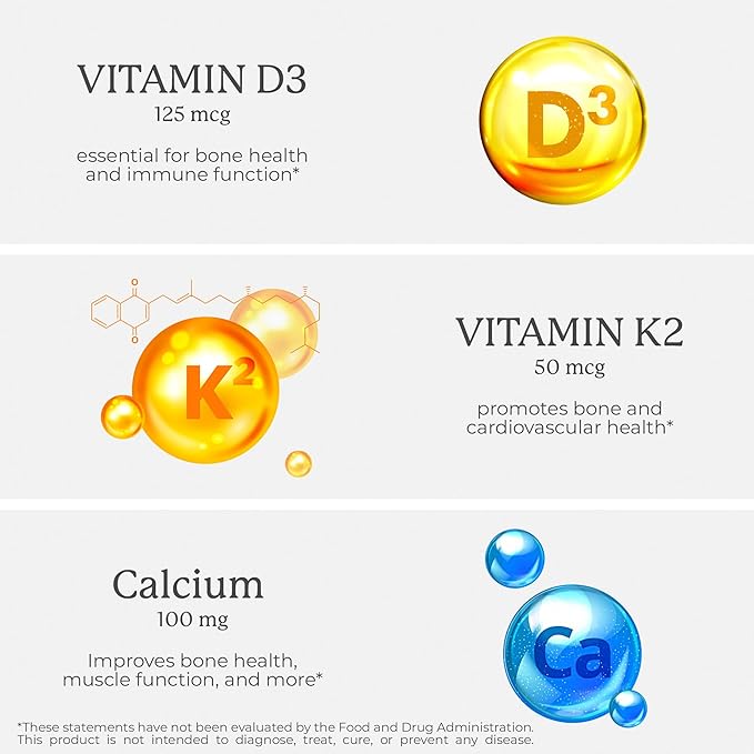 Vitamin D3 K2 D3 5000 5000 IU K2 as MK-7, Calcium, 60 Vegcaps, 60 Day
