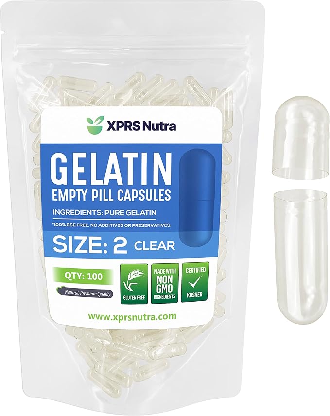 XPRS Nutra Size 2 Empty Capsules - 100 Count Empty Gelatin Capsules - Clear Empty Pill Capsules - DIY Capsule Filling - Pure Bovine Pill Capsules Empty Gel Caps