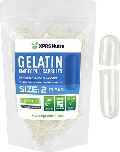 XPRS Nutra Size 2 Empty Capsules - 100 Count Empty Gelatin Capsules - Clear Empty Pill Capsules - DIY Capsule Filling - Pure Bovine Pill Capsules Empty Gel Caps