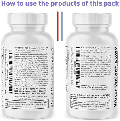 Youth & Tonic Daily Water Weight Away Pills and Blood Pressure Support Supplements/Natural Diuretics for Water Retention & BP Capsules to Maintain a Good Circulatory Health / 60 CPS for Women & Men